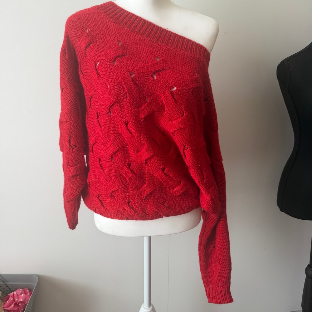 Jodifl Sweater S Red Chunky Cable Knit Boat Neck Dolman Sleeve Boho Slouchy - Picture 8 of 9